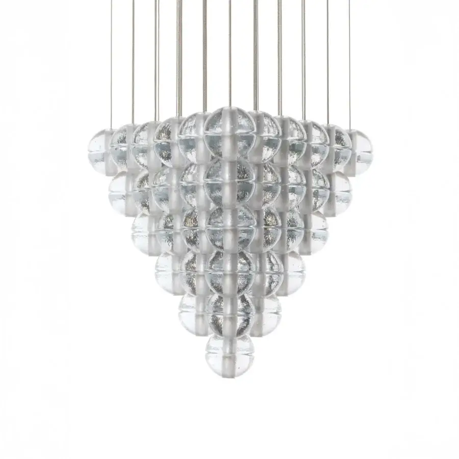 Elegant Bocci 14 Geometric suspension lamp with numerous clear glass elements and light-colored metal rods offering subtle silver-grey reflections