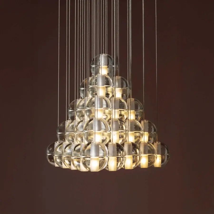 Exceptional Bocci 14 Geometric suspension lamp with layered glass elements and satin metal finish