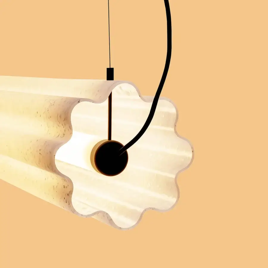 Superior Miniforms Lucerama suspension lamp in undulating recycled PE with a sleek matte dark metal component