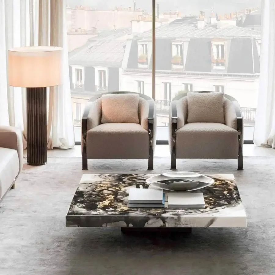 Exceptional Rugiano Paris lounge chair with light beige textile upholstery and dark-toned twisted metal structure