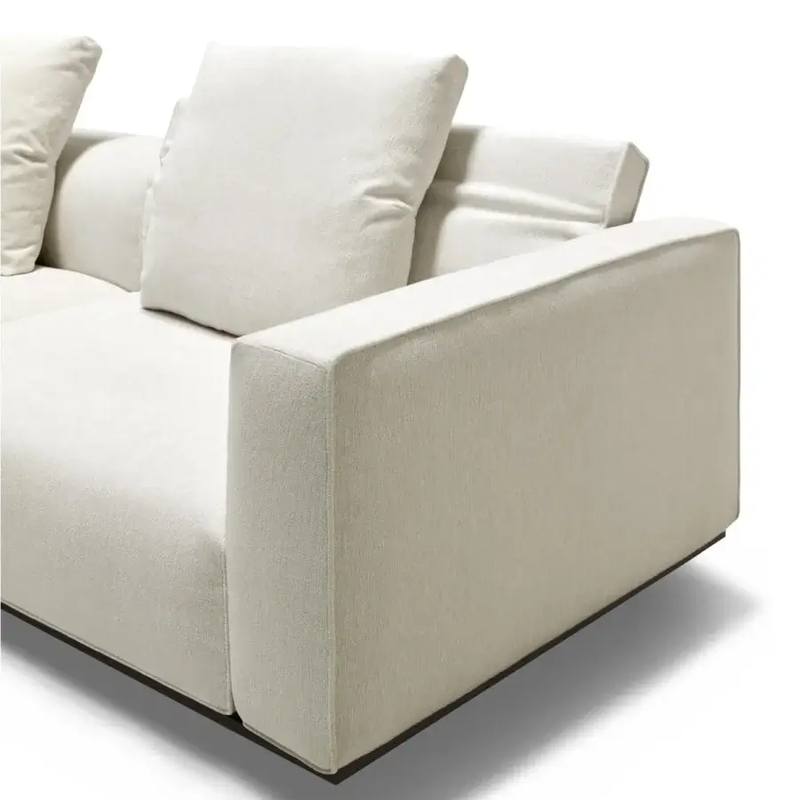 Distinguished Arketipo Hackman sofa with rectilinear form upholstered in textured neutral off-white textile and solid metal frame