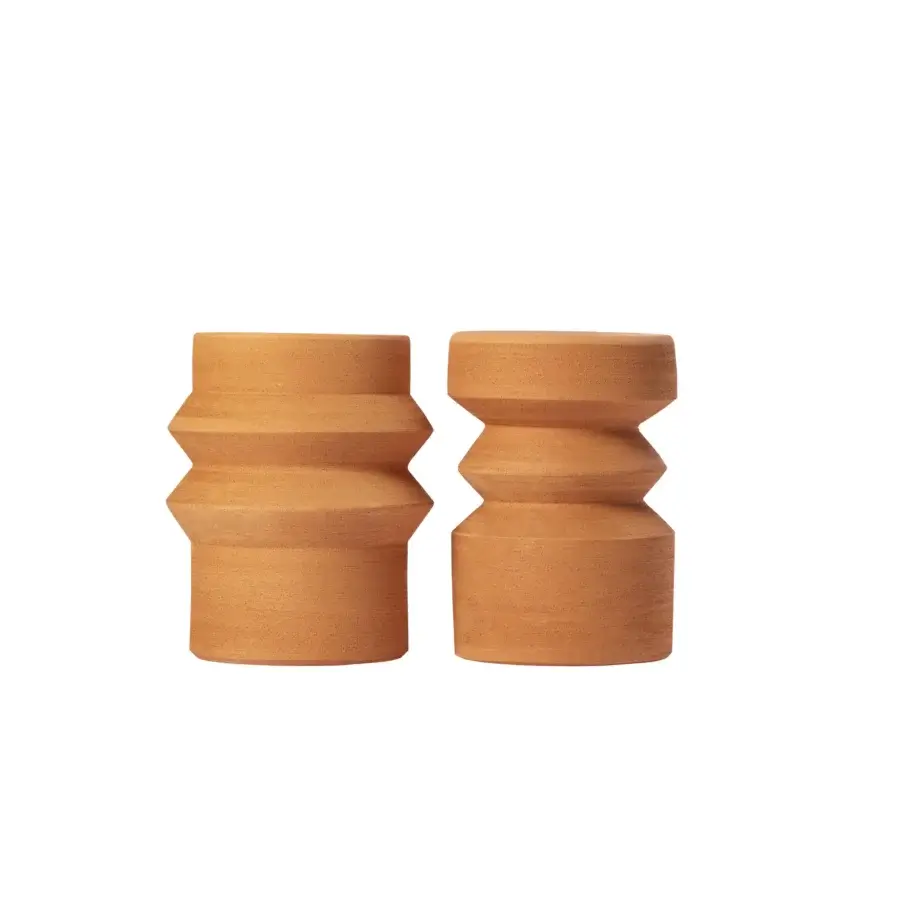 Superior Miniforms Milo and Mila side table with cylindrical form crafted in textured terracotta wood