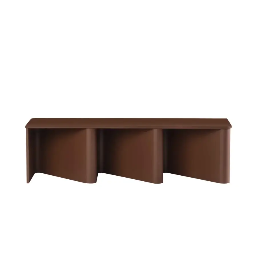 Distinguished Miniforms Nami bench crafted in bent wood with a smooth matte reddish-brown finish embodies character and musicality