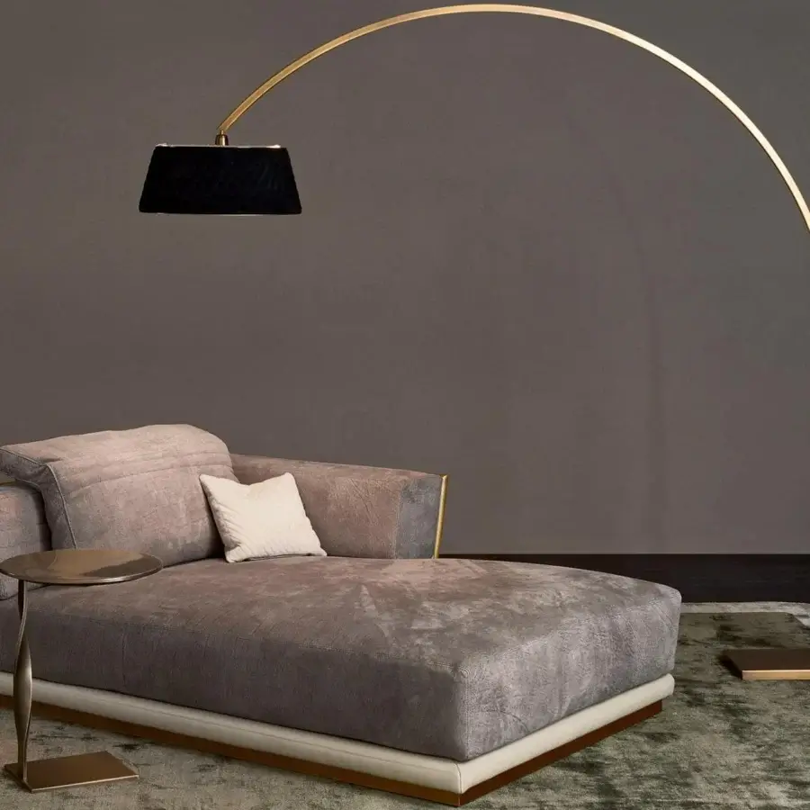 Distinguished Rugiano Empire chaise lounge with plush gray textile upholstery and sophisticated bronze metal base trim