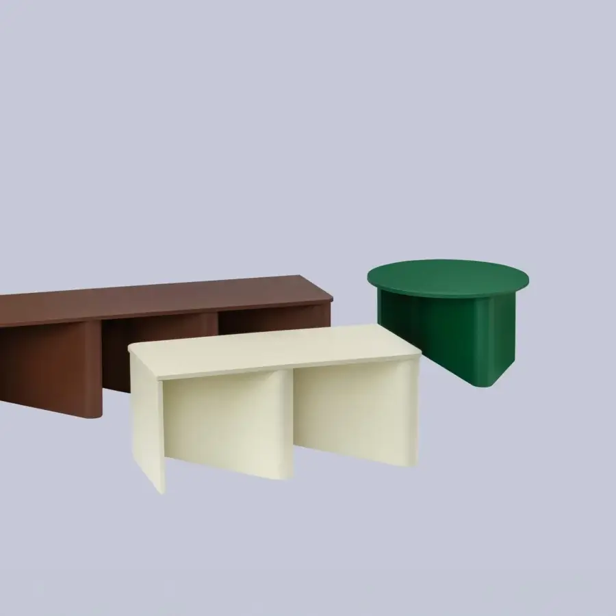 Superior Miniforms Nami coffee and side table with sinuous bent wood base and matte off-white finish