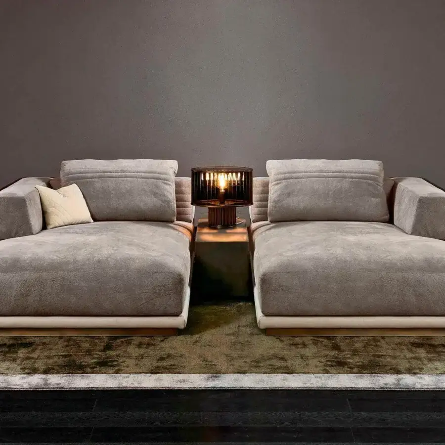 Superior Rugiano Empire chaise lounge with muted gray-beige suede-like textile and bronze finished metal base
