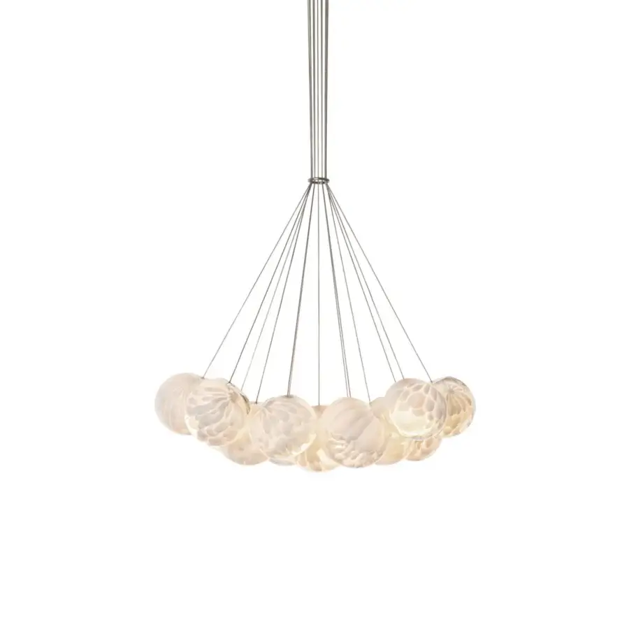 Distinguished Bocci 118 Cluster suspension lamp with thirteen hand-blown creamy white glass pendants and cylindrical metal canopy