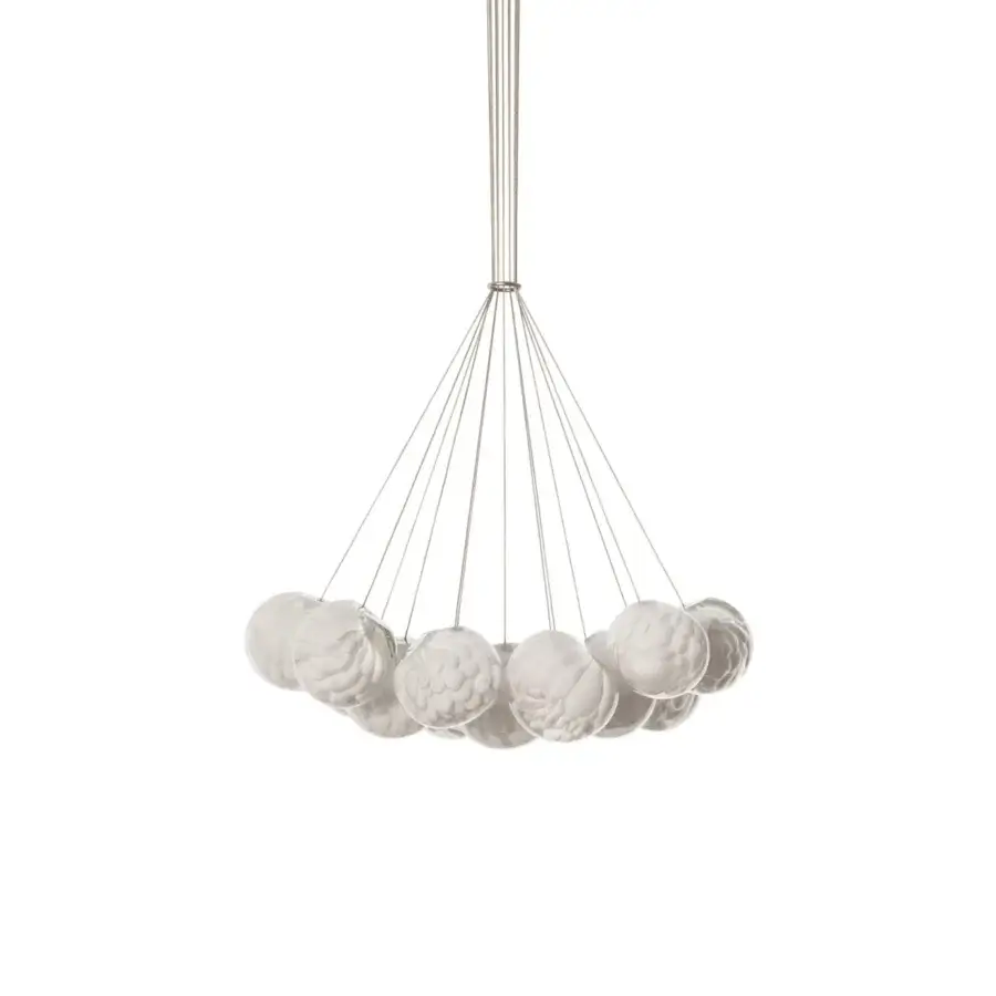 Superior Bocci 118 Cluster suspension lamp with thirteen delicately textured off-white glass pendants and a cluster canopy
