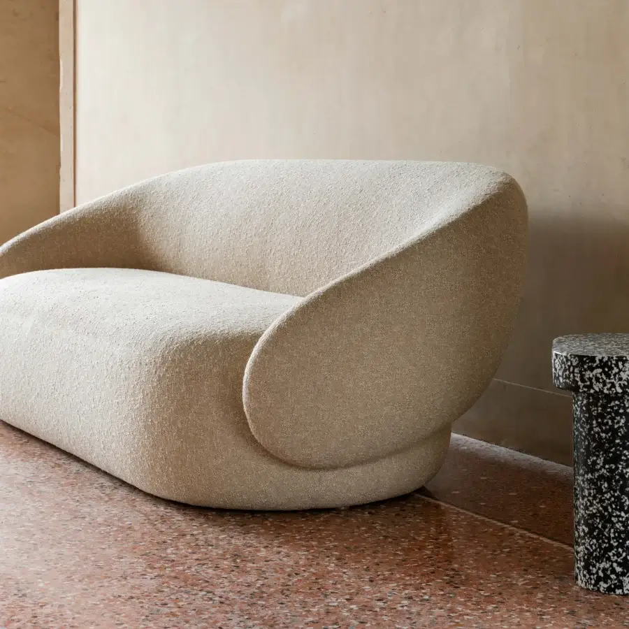 Exceptional Miniforms Nebulone sofa with organically rounded form and textured neutral beige textile upholstery with matte finish
