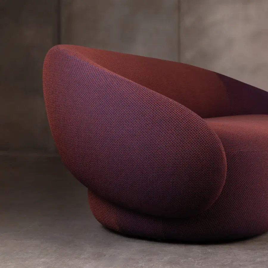 Distinguished Miniforms Nebulone sofa with enveloping form upholstered in richly textured reddish-brown textile
