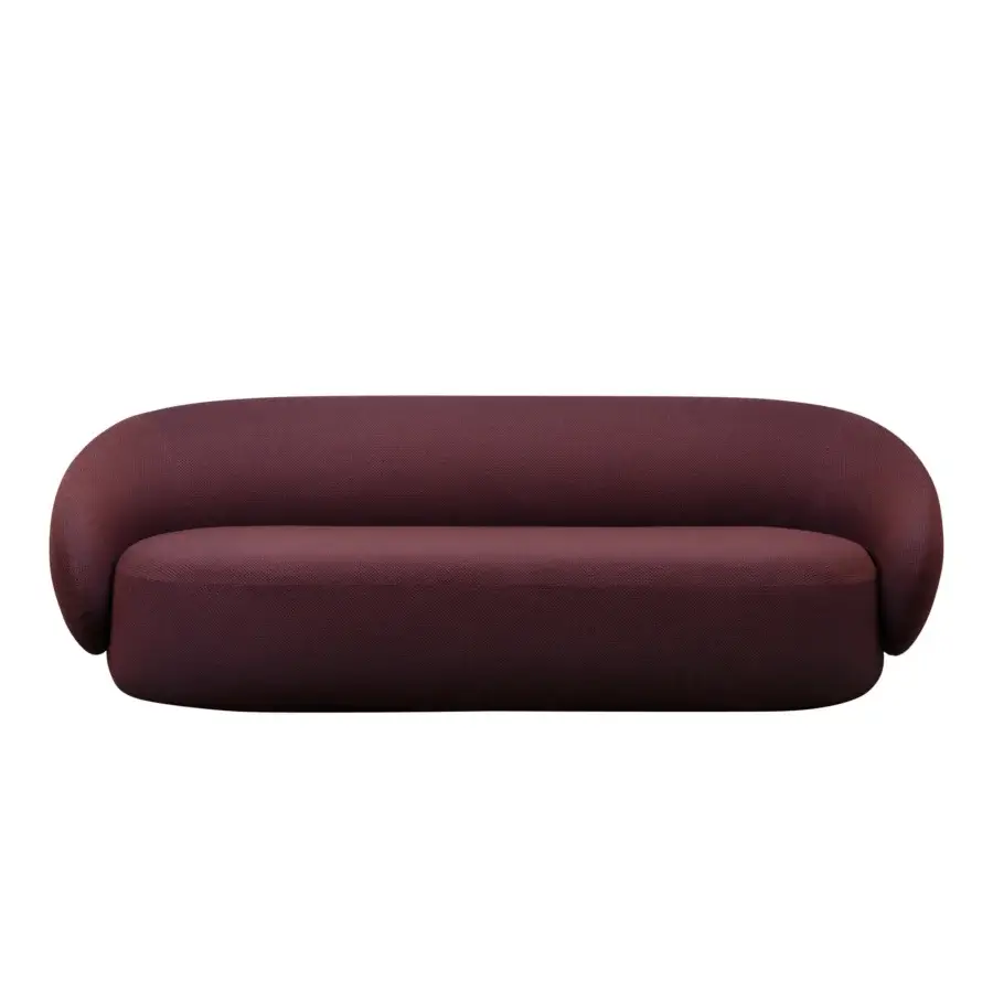 Lavish Miniforms Nebulone sofa with uniquely enveloping form upholstered in textured deep burgundy material
