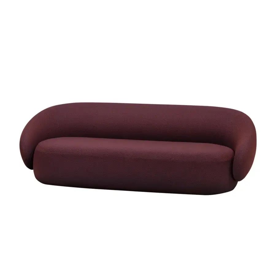 Superior Miniforms Nebulone sofa with rounded contemporary form upholstered in richly textured matte burgundy textile