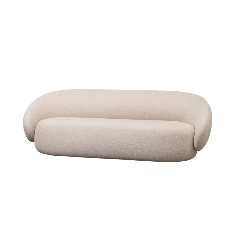 Distinguished Miniforms Nebulone sofa with enveloping curved lines upholstered in textured neutral beige textile material with matte finish