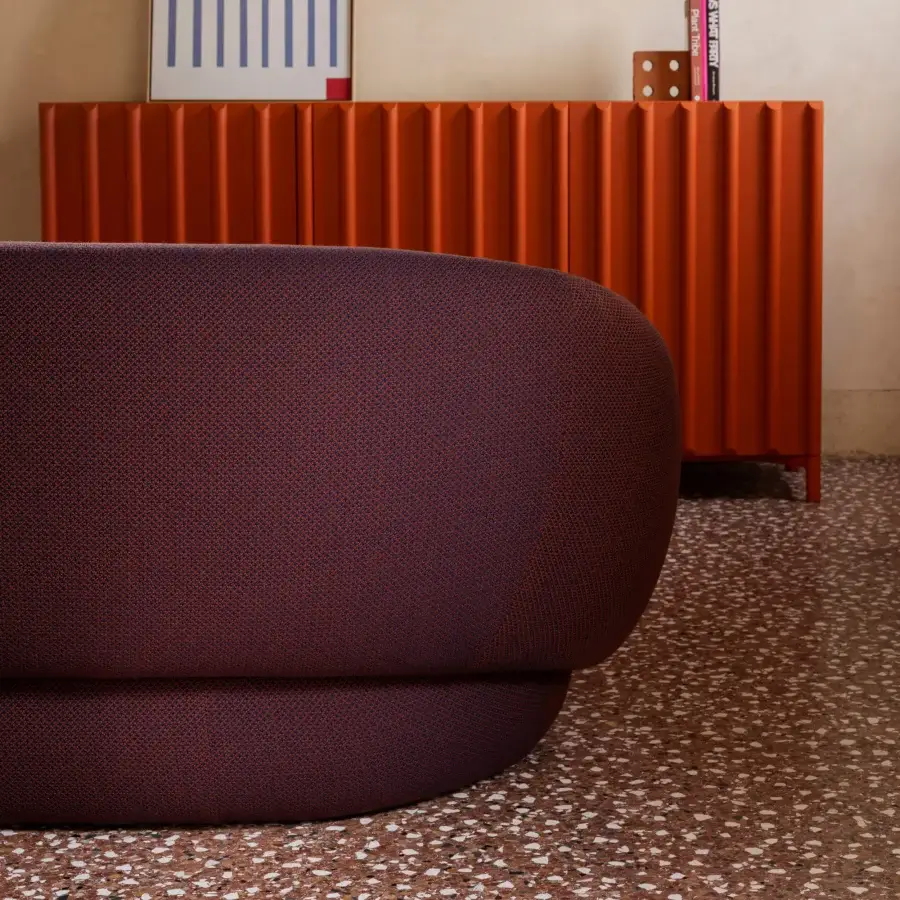 Distinguished Miniforms Nebulone sofa with uniquely enveloping form crafted in burgundy textile upholstery and matte finish