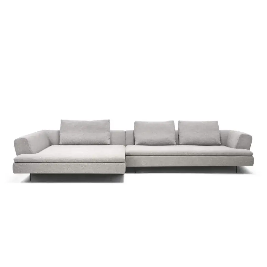 Distinguished Arketipo Good Times sectional with woven fabric upholstery and outward-tilting armrests creating a light neutral gray form