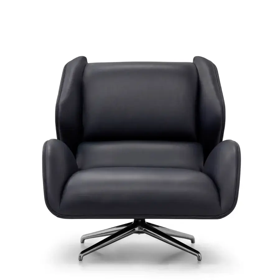 Exclusive WAYNE Enterprises WE-015 lounge chair in dark charcoal gray fabric or leather with reflective metal star base