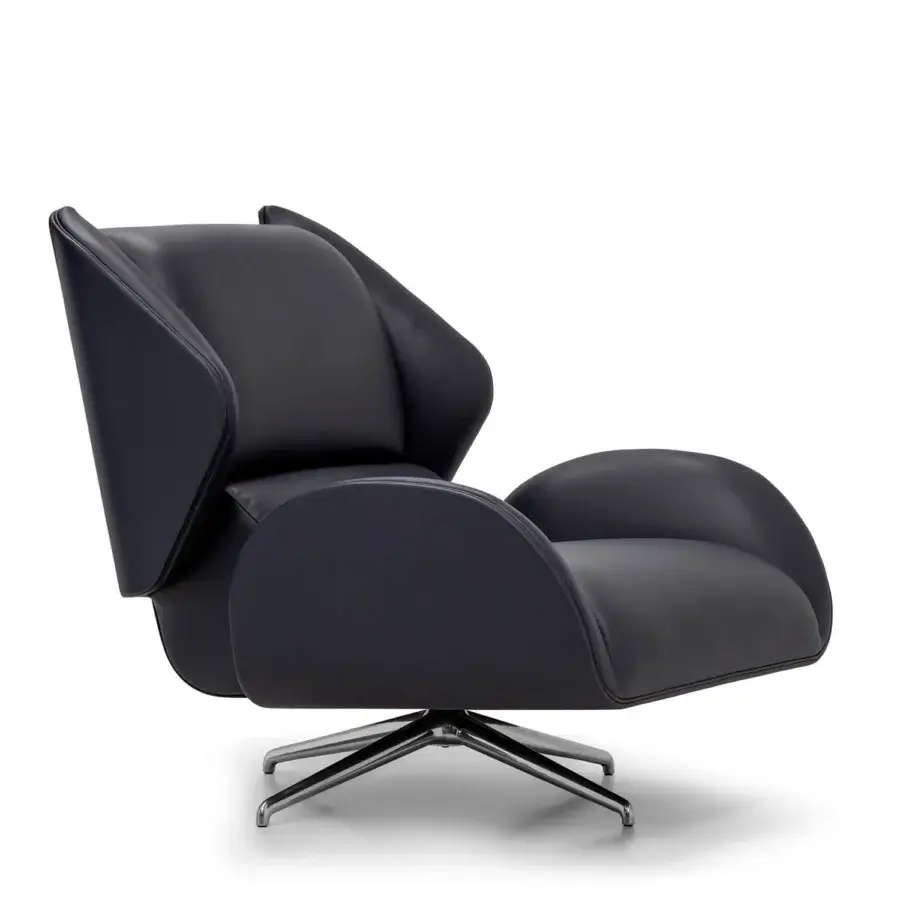 Captivating WAYNE Enterprises WE-015 lounge chair in dark navy blue leather with a polished metal base crafted in Italy