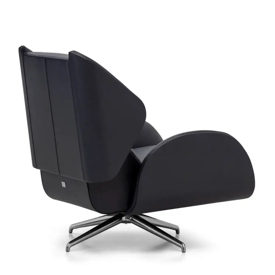 Distinguished WAYNE Enterprises WE-015 lounge chair crafted in deep navy leather with polished metal base, officially licensed with Batman™ branding