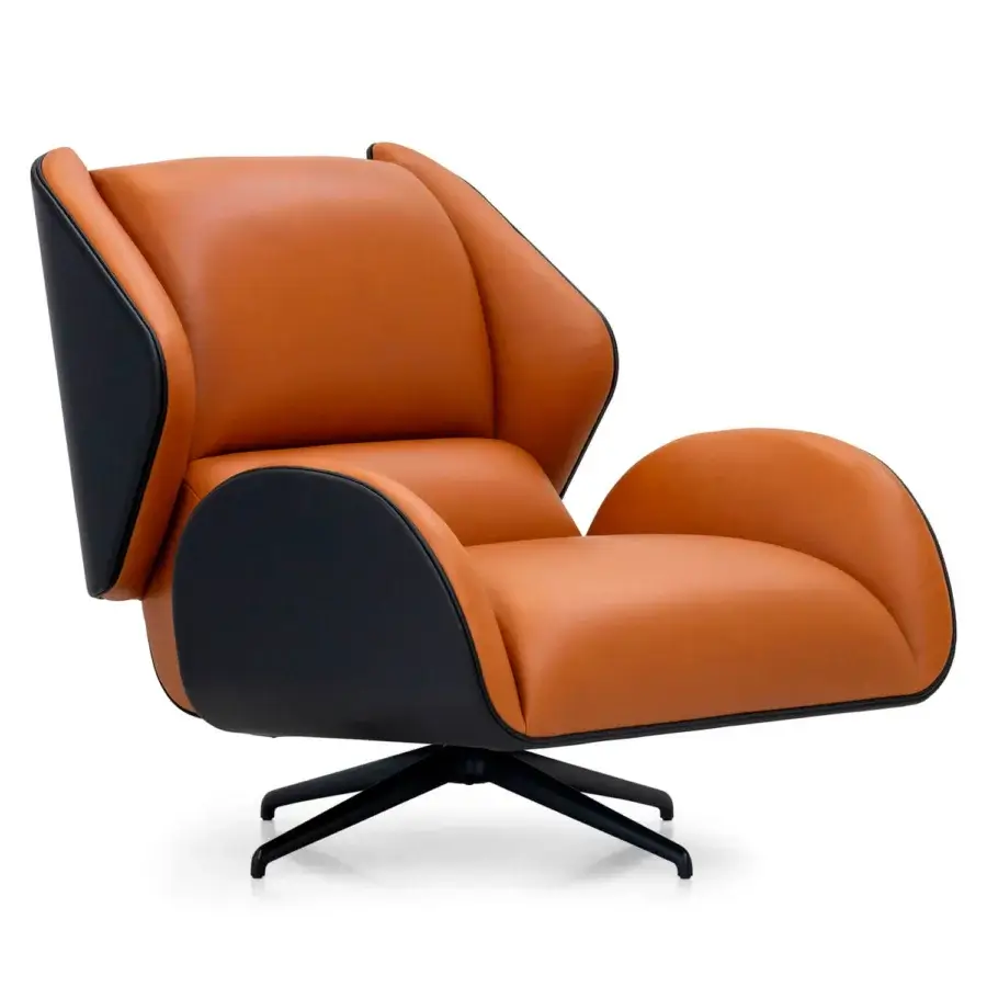 Captivating WAYNE Enterprises WE-015 lounge chair with vibrant orange leather upholstery and sleek metal base built in Italy