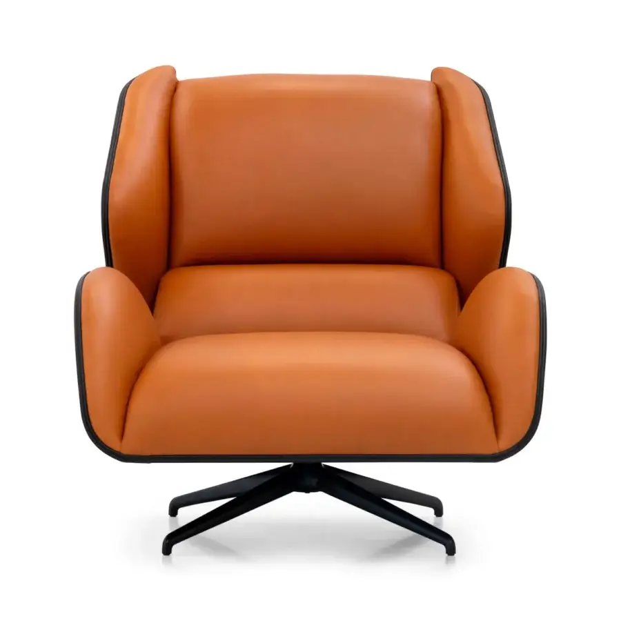Superior WAYNE Enterprises WE-015 lounge chair in warm orange leather with a sleek metal base built in Italy