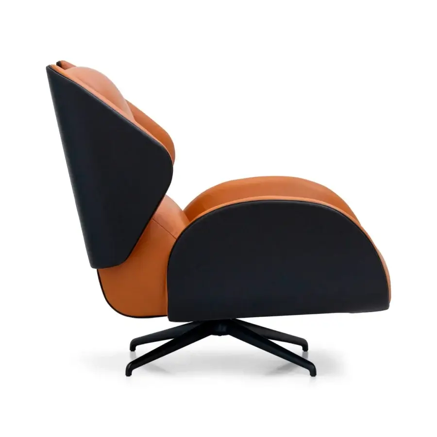 Distinguished WAYNE Enterprises WE-015 lounge chair with a sleek black shell and warm orange textile upholstery crafted in Italy