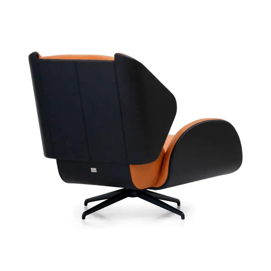 Exceptional WAYNE Enterprises WE-015 lounge chair crafted in black fabric or leather with a striking orange accent and distinctive metal swivel base