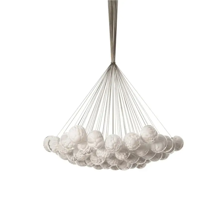 Distinguished Bocci 118 Cluster suspension lamp crafted in off-white glass with a bright metal stem and subtly textured spheres