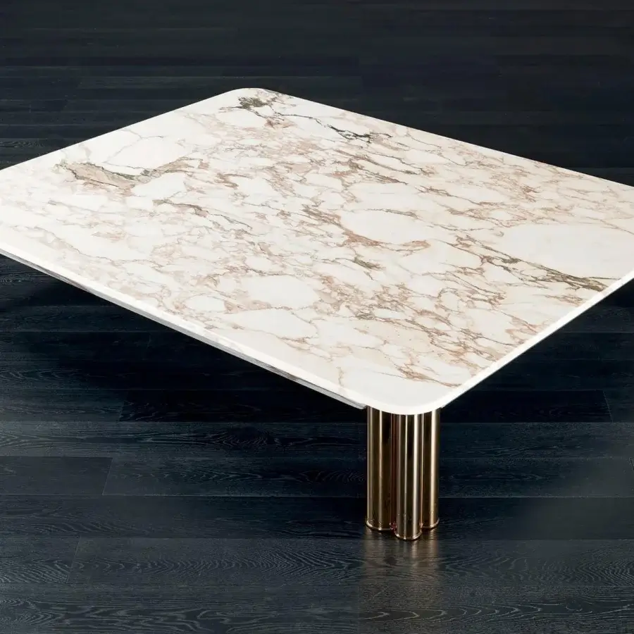 Exceptional Rugiano Forest coffee table with a polished marble-like top and skillfully welded golden brass legs