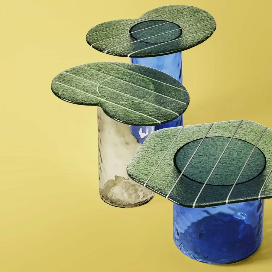Exceptional Miniforms Striche coffee table built in textured olive-green Murano molten glass with translucent blue cylindrical bases and matte finish