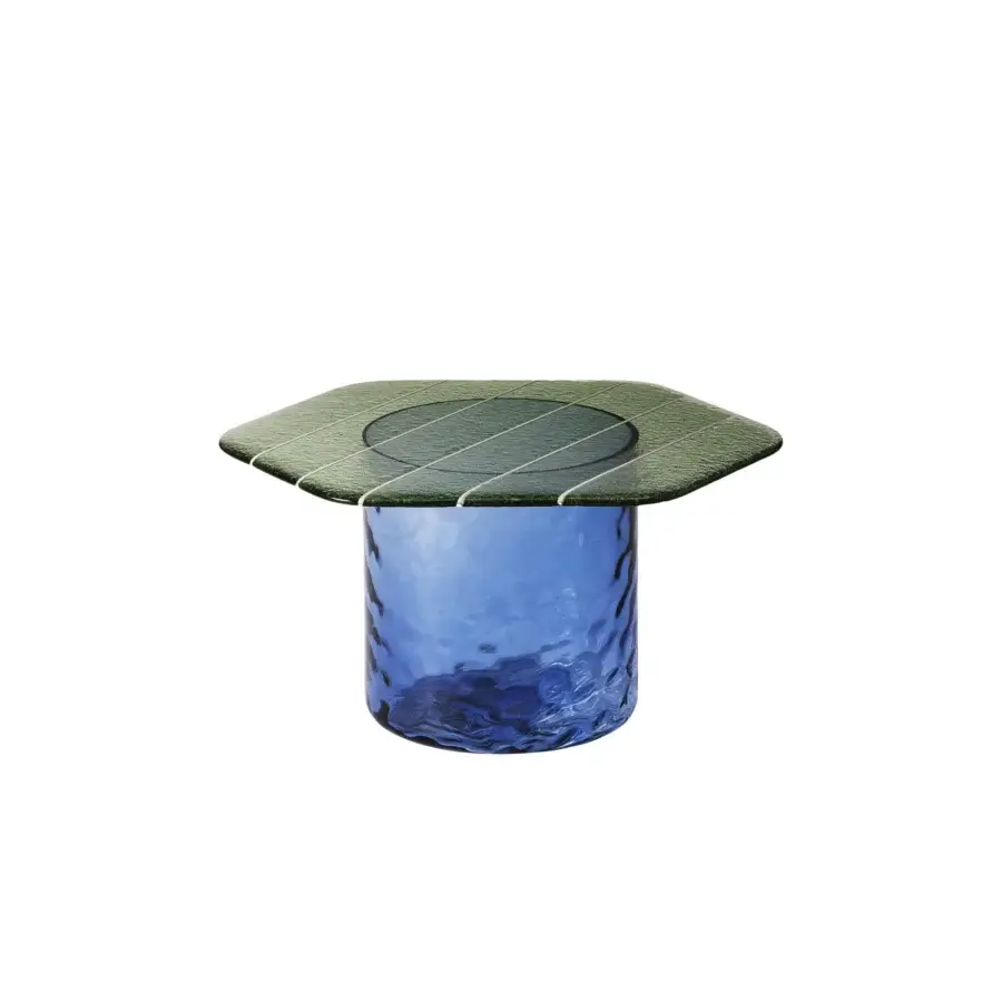 Distinguished Miniforms Striche coffee table with sculpted deep blue Murano molten glass base and matte dark-toned wooden grid