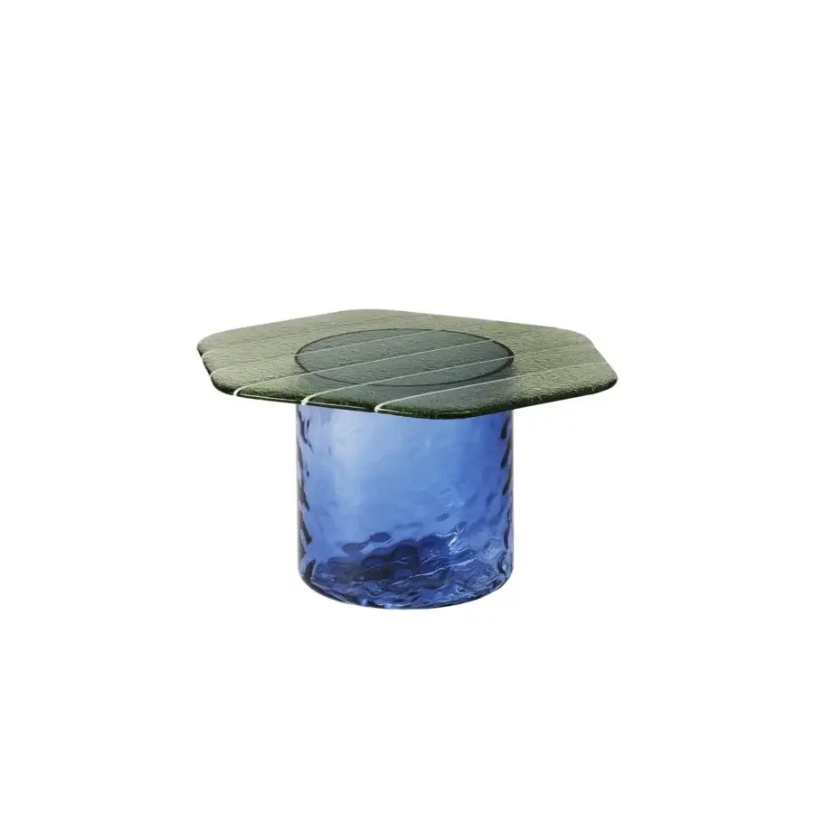 Exceptional Miniforms Striche coffee table with textured dark greenish-brown wood and vibrant bubbled blue Murano molten glass base