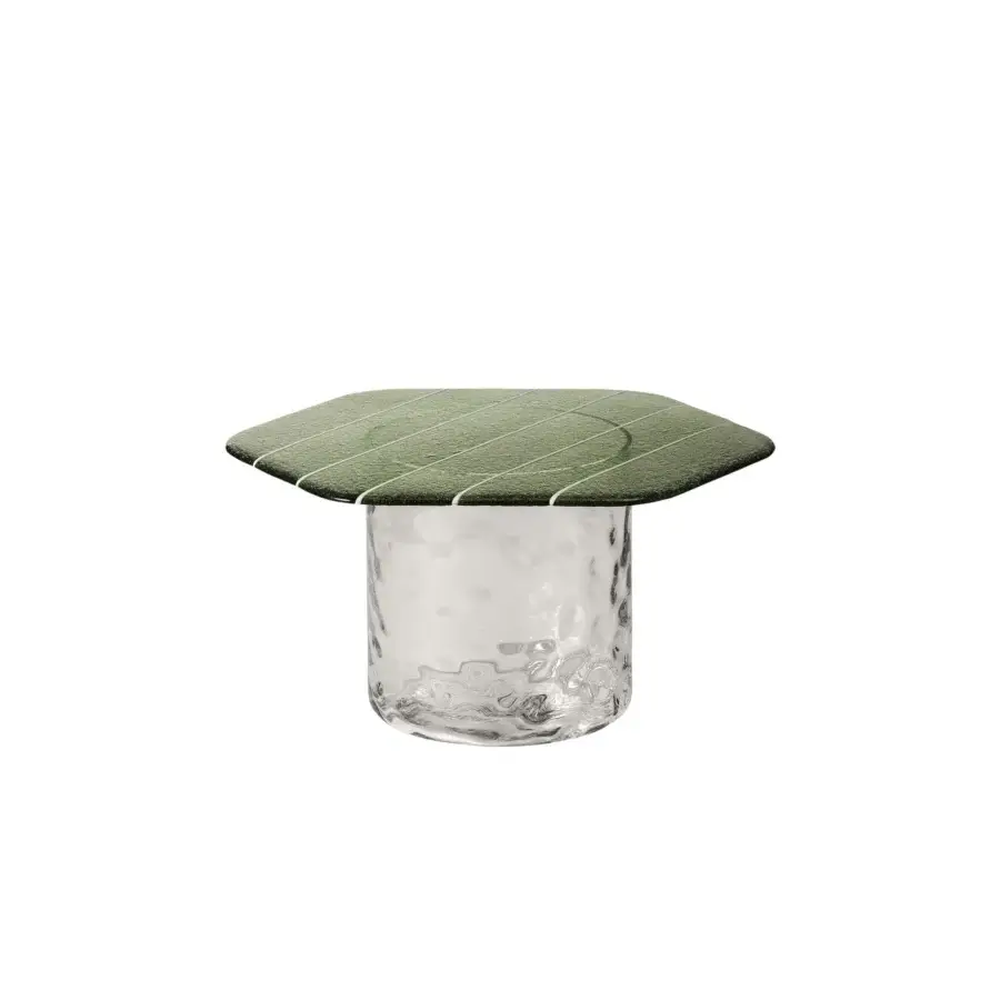Distinguished Miniforms Striche coffee table with hexagonal olive green Murano molten glass and bubbled clear glass base