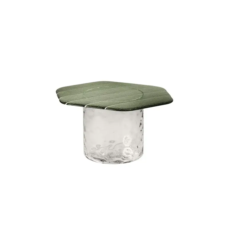 Lavish Miniforms Striche coffee table crafted in Murano molten glass with textured greenish-gray and bubbled clear glass base