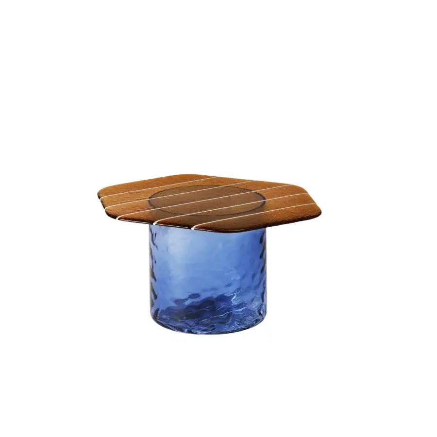 Exceptional Miniforms Striche coffee table with striped wood and wave-like blue Murano molten glass, showcasing a satin finish