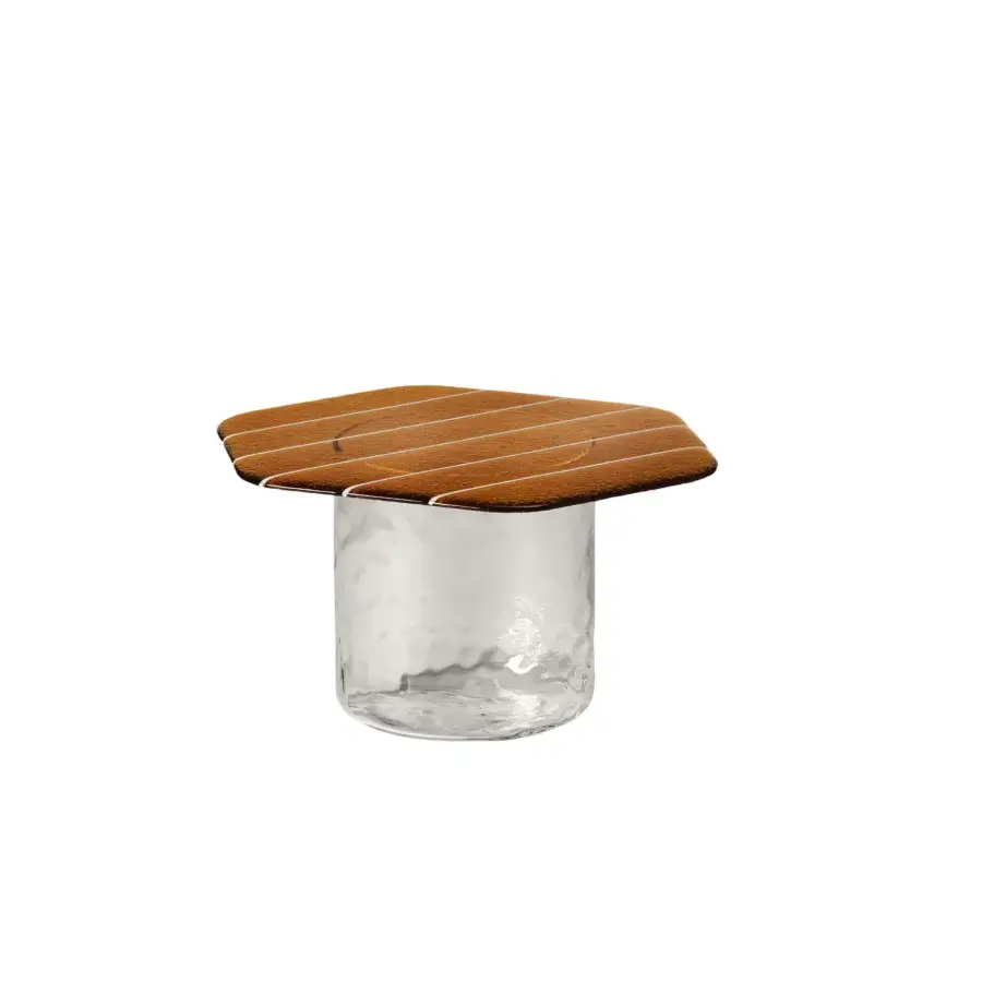 Elegant Miniforms Striche coffee table crafted in warm-brown wood and clear textured Murano molten glass with satin finish
