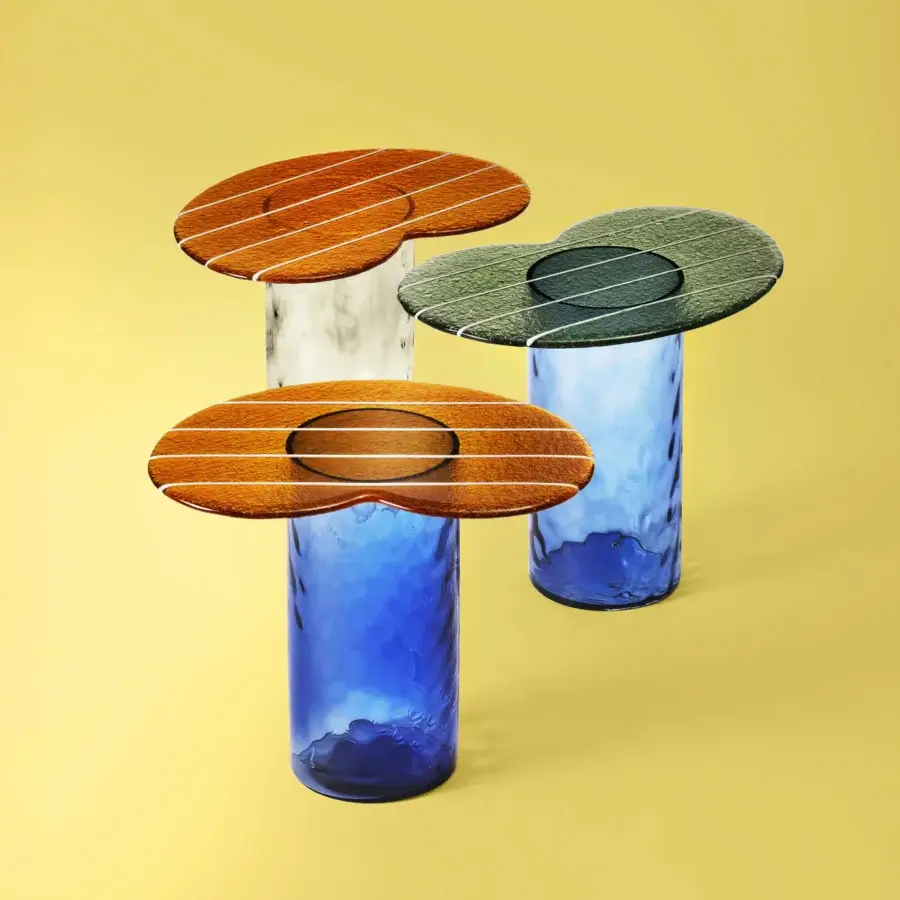 Superior Miniforms Striche side table with striped circular tabletop in satin finish and bubbled greenish-grey glass base