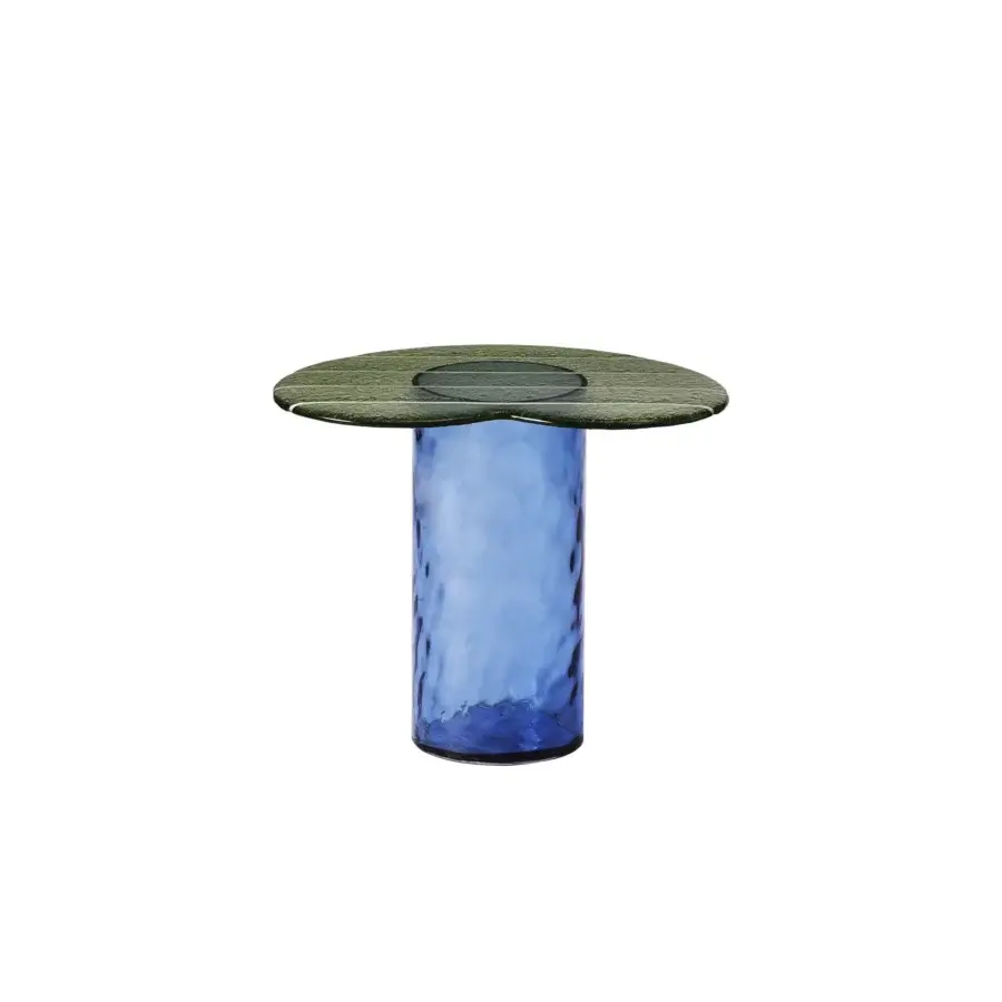 Superior Miniforms Striche side table in dark green with bubbly translucent blue molten glass and matte glossy finish