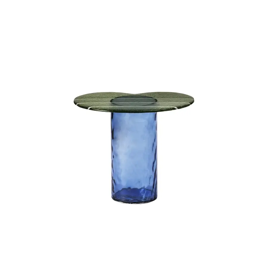 Elegant Miniforms Striche side table crafted in greenish-brown molten glass with a translucent bubbly blue glass base