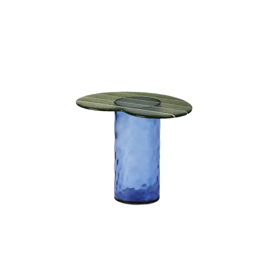 Distinguished Miniforms Striche side table with saturated blue molten glass base and matte olive-green wooden tabletop