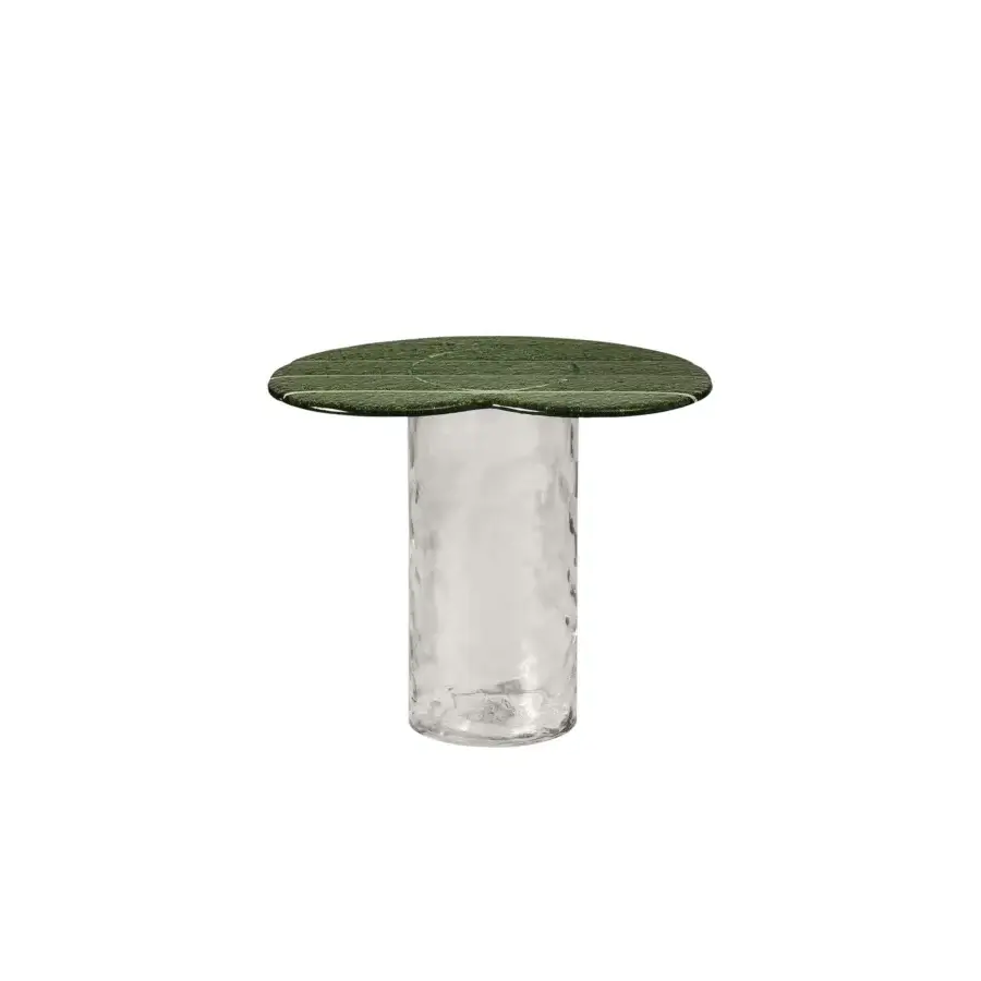 Exceptional Miniforms Striche side table in dark green textured molten glass with clear rippled glass cylinder base