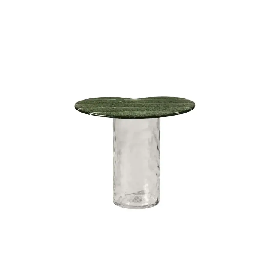 Captivating Miniforms Striche side table in dark green textured molten glass with clear rippled glass base crafted in Italy