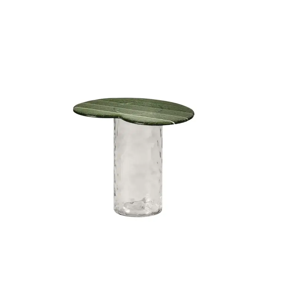 Superior Miniforms Striche side table crafted in dark green marble with bubbly textured molten Murano glass base