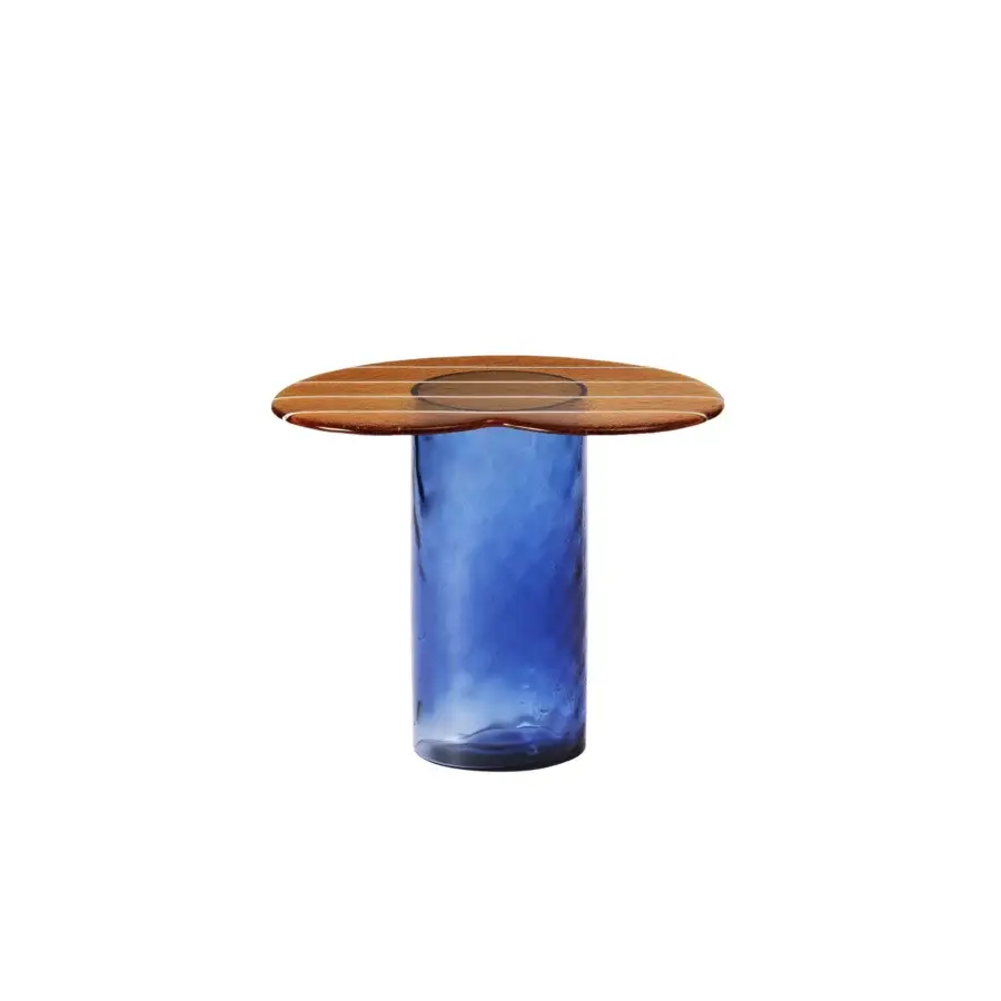 Distinguished Miniforms Striche side table with medium-brown wood and deep blue Murano molten glass base in a satin finish