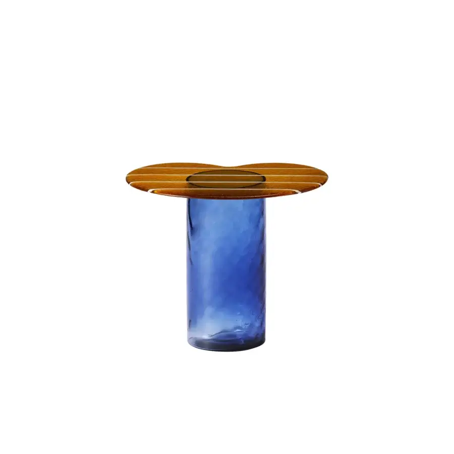 Exceptional Miniforms Striche side table crafted in deep blue Murano glass and medium-toned wood with a satin sheen
