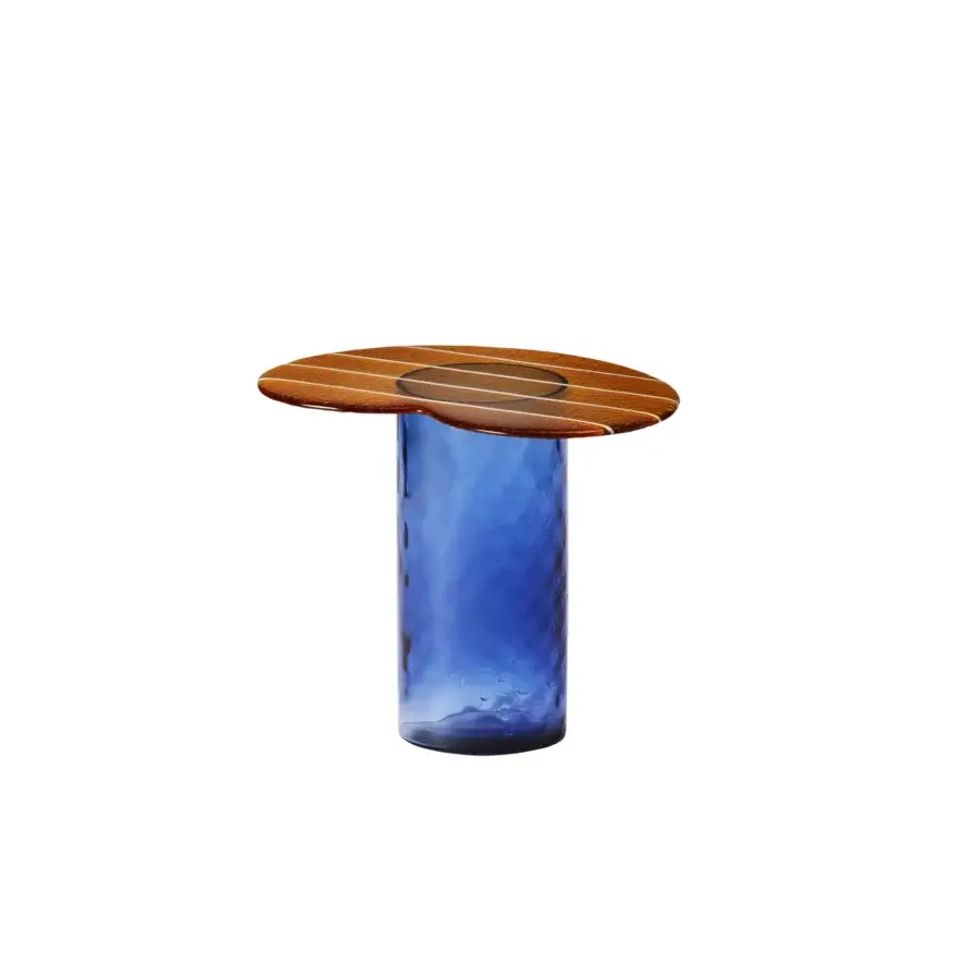 Superior Miniforms Striche side table in warm-toned wood and bubbled deep blue Murano molten glass with satin finish