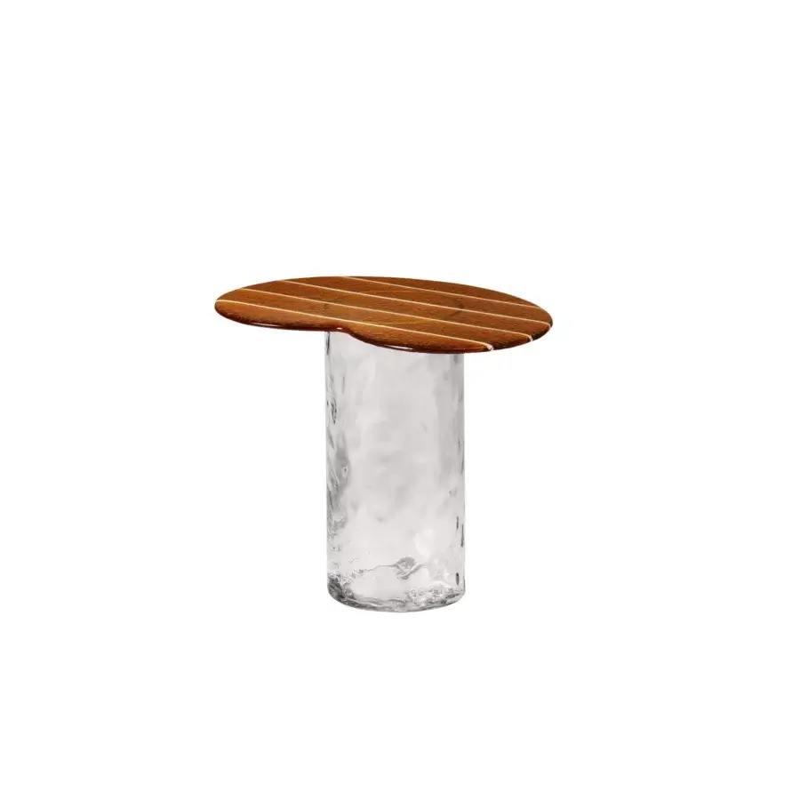 Distinguished Miniforms Striche side table with warm brown wood slats and textured Murano molten glass base crafted in satin finish