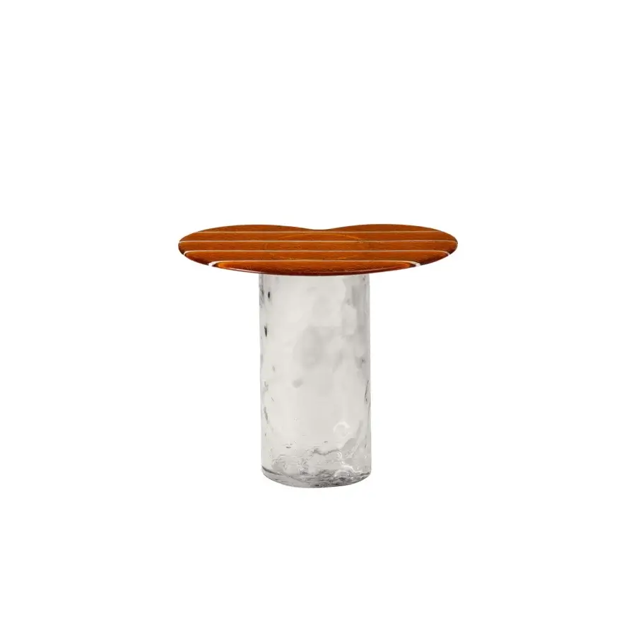 Exceptional Miniforms Striche side table with reddish-brown wood and clear textured Murano molten glass base in a satin finish