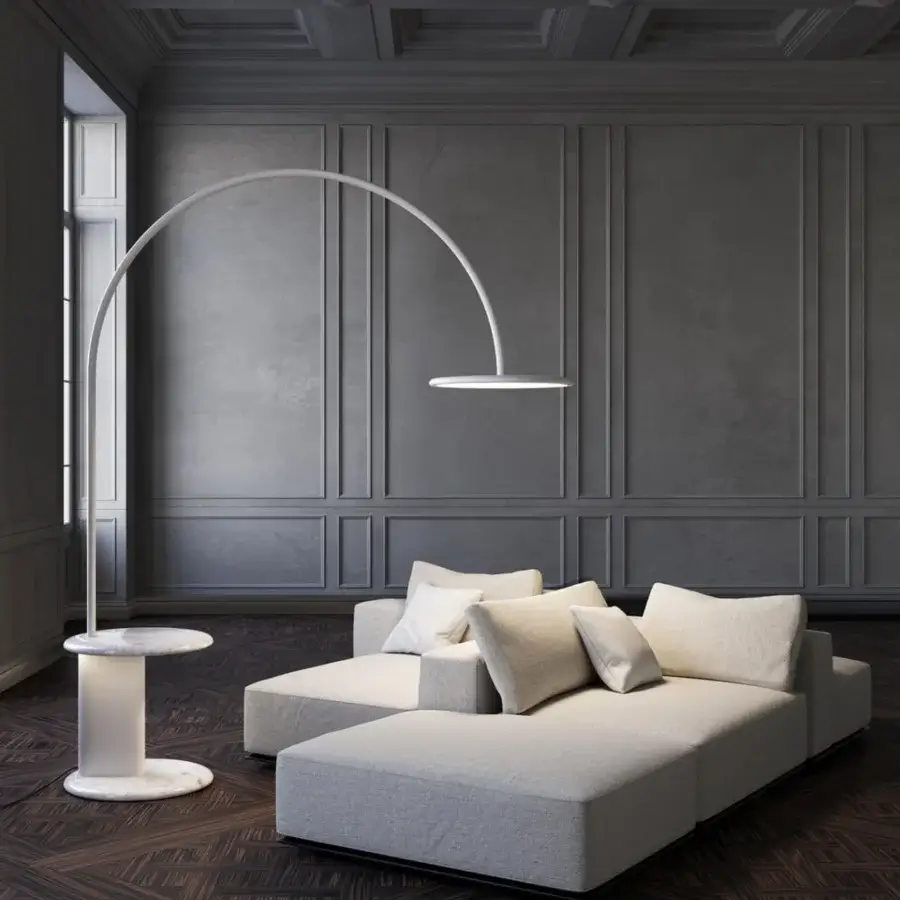 Superior Italamp U Floor Lamp with side table in glossy white metal and Carrara marble with opal methacrylate diffuser
