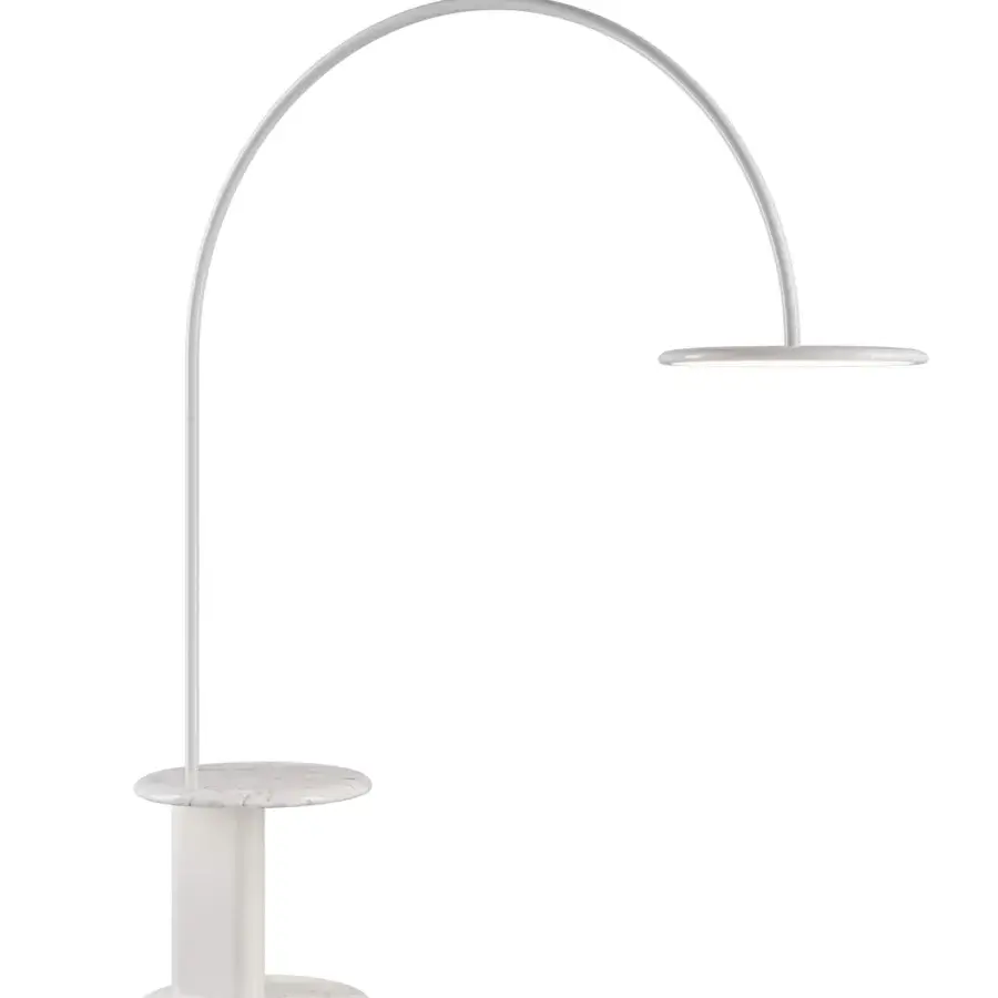 Elegant Italamp U Floor Lamp with side table in glossy white metal and Carrara marble with opal methacrylate diffuser