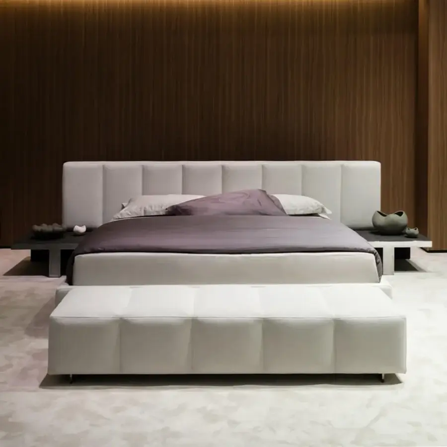 Distinguished Arketipo Milky Way Dream bed crafted in Italy with matte woven textile and rounded contours in off-white with purple undertones